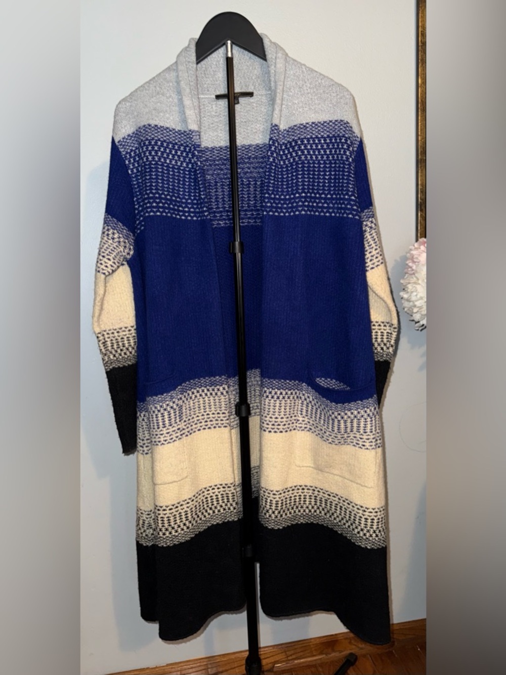 Colorblock Open-Front Long Cardigan Sweater - Blue, Cream & Black